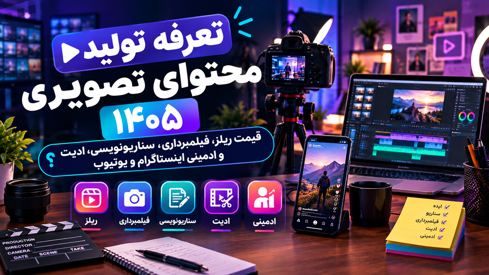 تعرفه تولید محتوای تصویری ۱۴۰۵ قیمت ریلز، فیلمبرداری، سناریونویسی، ادیت و ادمینی اینستاگرام و یوتیوب